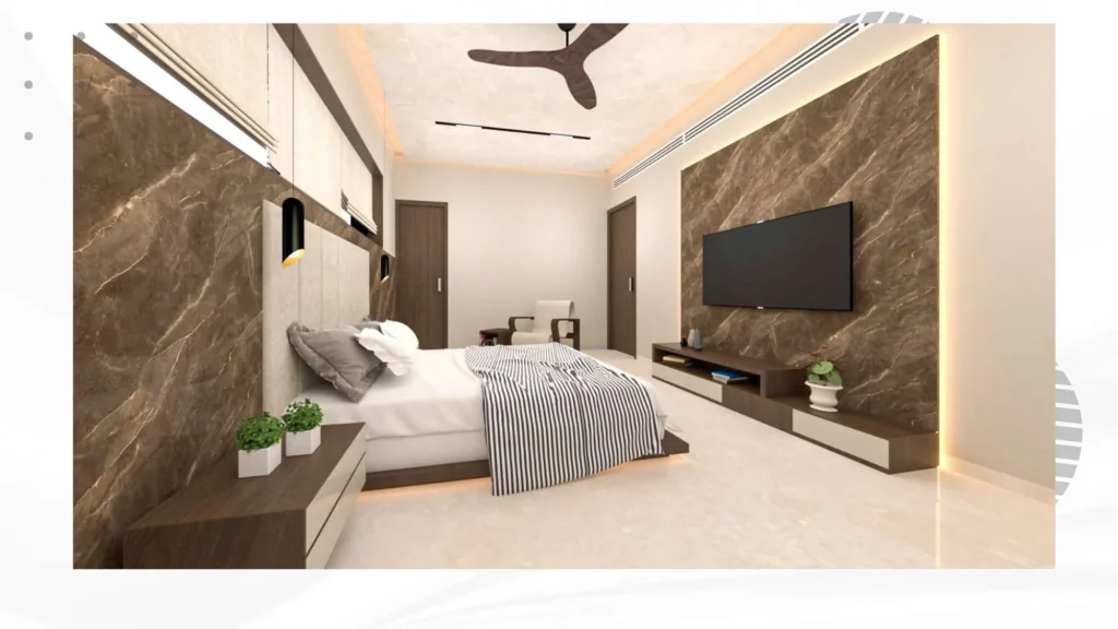 Master bedroom — panelled media wall in marble and wood