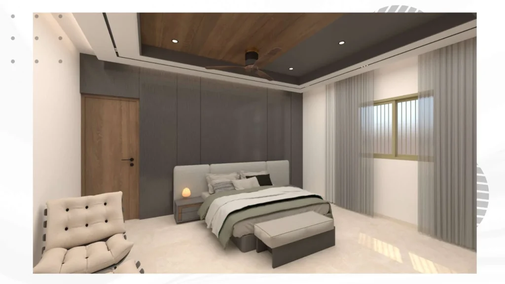Bedroom — upholstered headboard and wardrobe